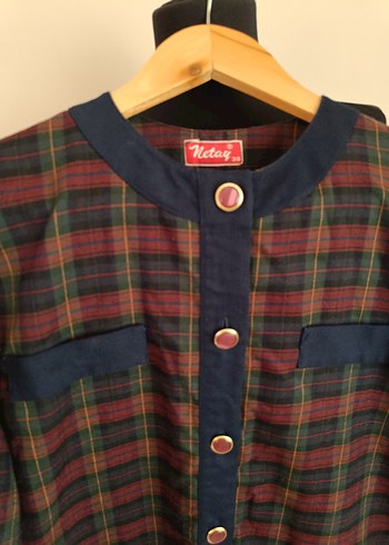 Bordo Kareli Uzun Kollu Düğmeli Elbise - Görsel 5