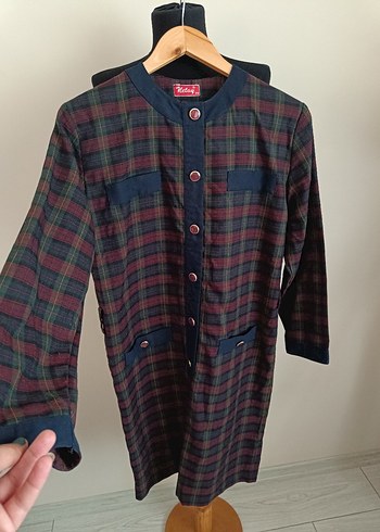 Bordo Kareli Uzun Kollu Düğmeli Elbise - Görsel 12