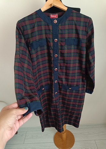 Bordo Kareli Uzun Kollu Düğmeli Elbise - Görsel 15