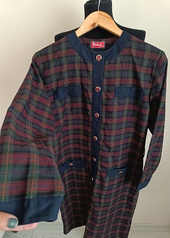 Bordo Kareli Uzun Kollu Düğmeli Elbise - Görsel 14