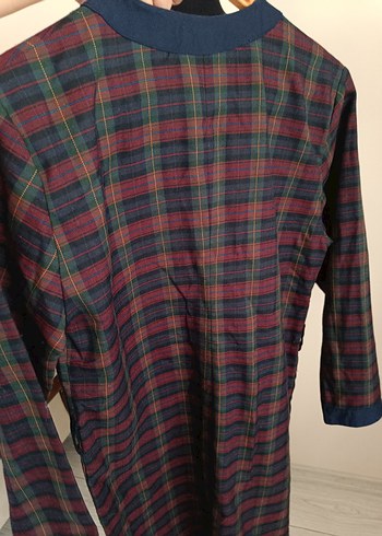 Bordo Kareli Uzun Kollu Düğmeli Elbise - Görsel 17