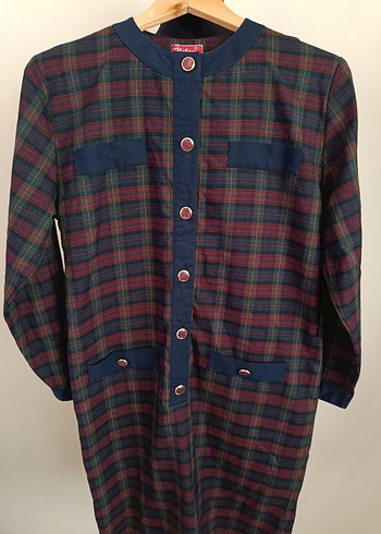 Bordo Kareli Uzun Kollu Düğmeli Elbise - Görsel 9