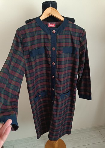 Bordo Kareli Uzun Kollu Düğmeli Elbise - Görsel 11