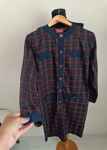 Bordo Kareli Uzun Kollu Düğmeli Elbise - Görsel 8