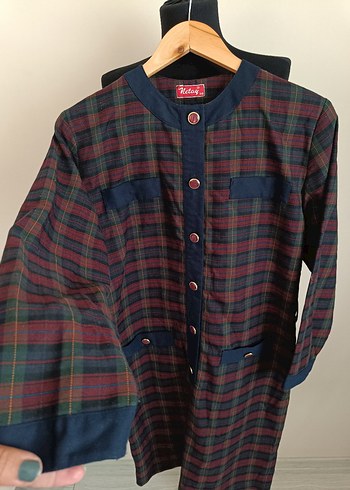 Bordo Kareli Uzun Kollu Düğmeli Elbise - Görsel 10