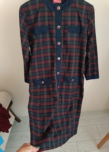 Bordo Kareli Uzun Kollu Düğmeli Elbise - Görsel 16