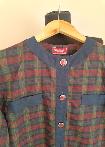 Bordo Kareli Uzun Kollu Düğmeli Elbise - Görsel 6