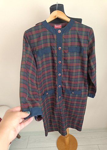 Bordo Kareli Uzun Kollu Düğmeli Elbise - Görsel 19