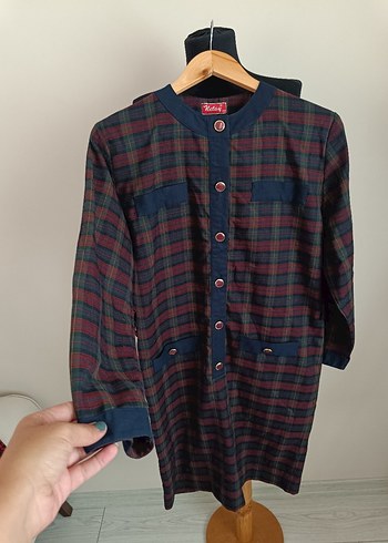 Bordo Kareli Uzun Kollu Düğmeli Elbise - Görsel 7