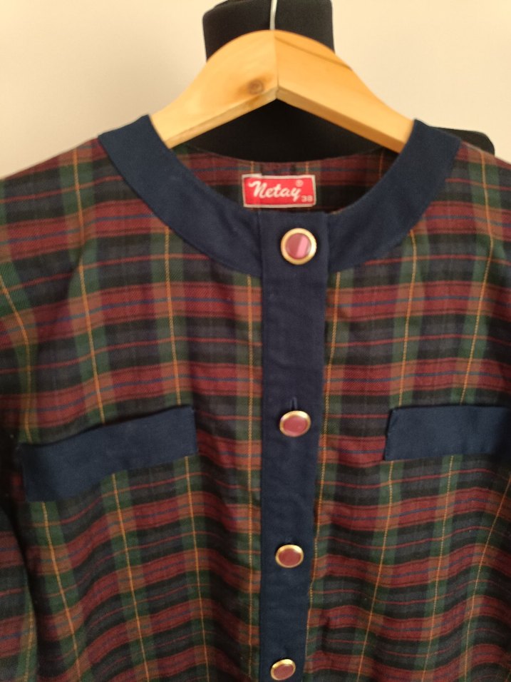 Bordo Kareli Uzun Kollu Düğmeli Elbise - Görsel 5