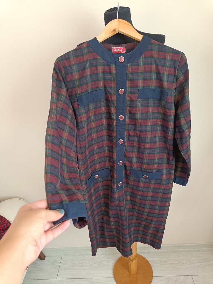 Bordo Kareli Uzun Kollu Düğmeli Elbise - Görsel 4