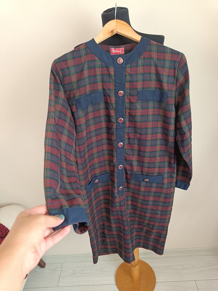 Bordo Kareli Uzun Kollu Düğmeli Elbise - Görsel 3