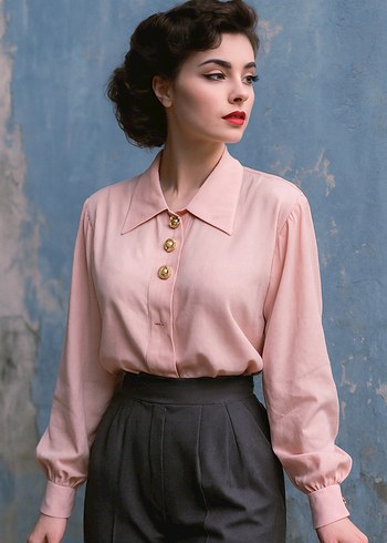 Düğmeli Vintage Pembe Kadın Gömlek
