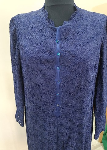 Lacivert Dantel Detaylı Vintage Uzun Elbise - Görsel 9