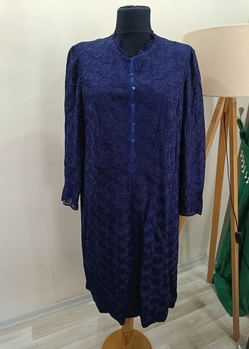 Lacivert Dantel Detaylı Vintage Uzun Elbise - Görsel 15