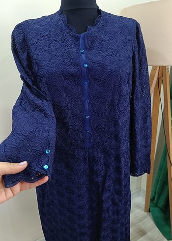 Lacivert Dantel Detaylı Vintage Uzun Elbise - Görsel 2