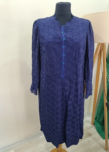 Lacivert Dantel Detaylı Vintage Uzun Elbise - Görsel 8