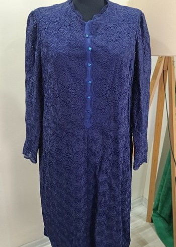 Lacivert Dantel Detaylı Vintage Uzun Elbise - Görsel 3
