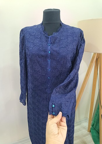 Lacivert Dantel Detaylı Vintage Uzun Elbise - Görsel 10