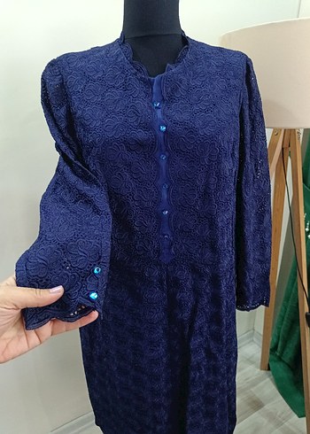 Lacivert Dantel Detaylı Vintage Uzun Elbise - Görsel 11