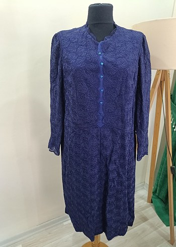 Lacivert Dantel Detaylı Vintage Uzun Elbise - Görsel 7