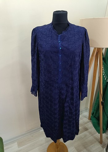 Lacivert Dantel Detaylı Vintage Uzun Elbise - Görsel 4