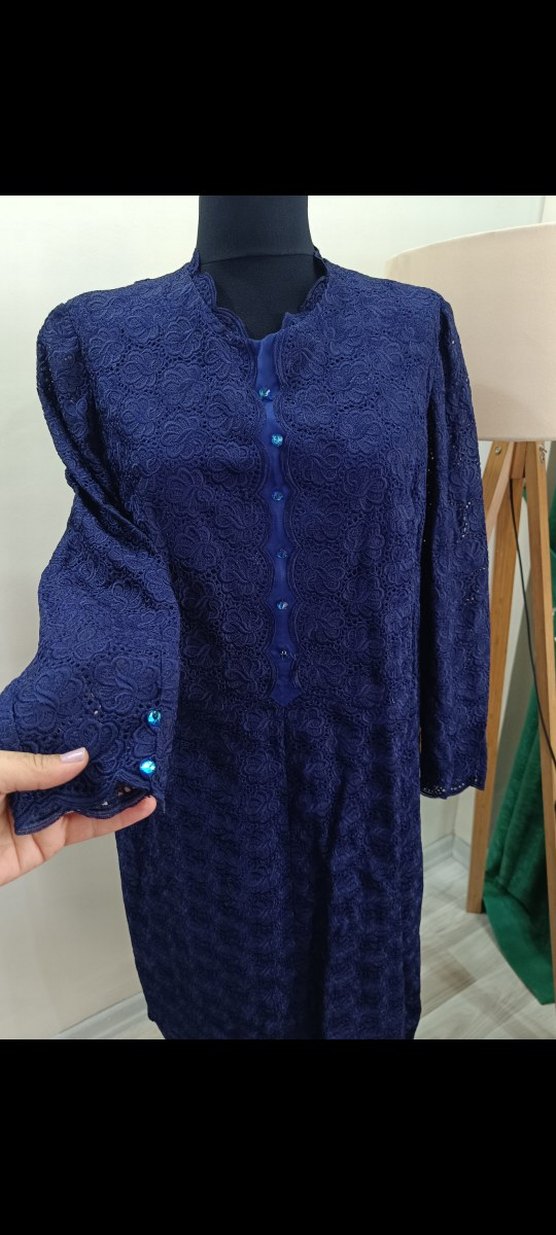 Lacivert Dantel Detaylı Vintage Uzun Elbise - Görsel 2