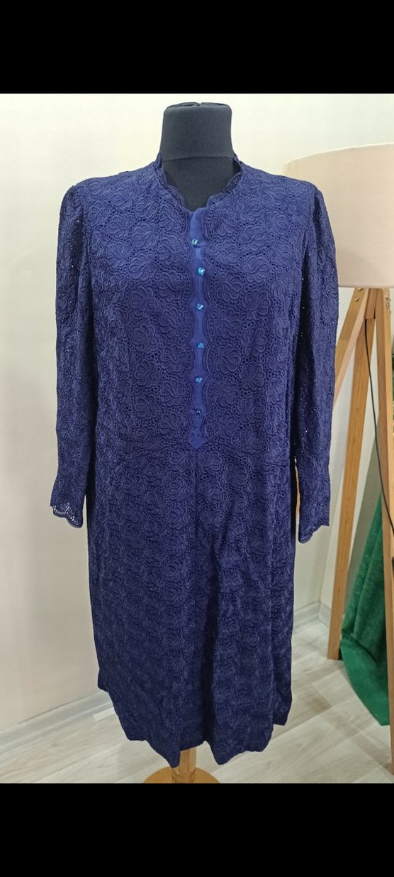 Lacivert Dantel Detaylı Vintage Uzun Elbise - Görsel 3