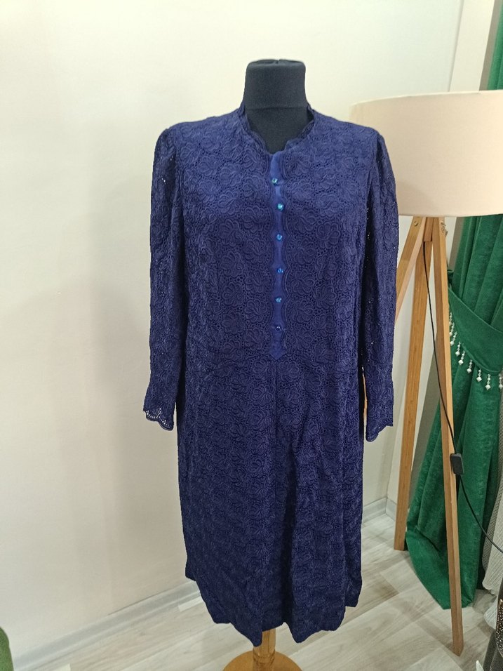 Lacivert Dantel Detaylı Vintage Uzun Elbise - Görsel 5