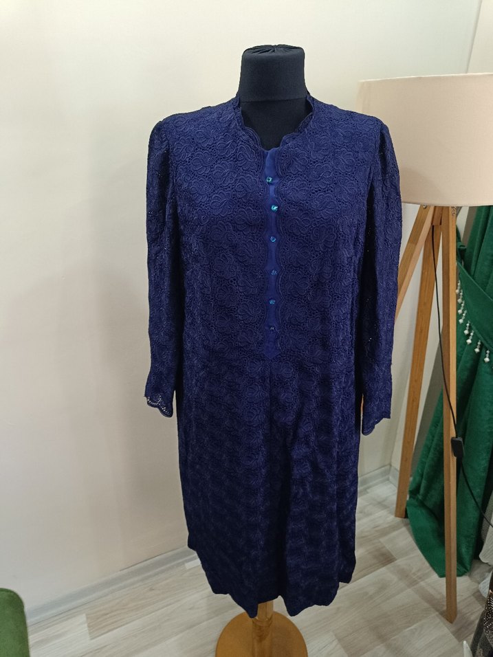 Lacivert Dantel Detaylı Vintage Uzun Elbise - Görsel 4