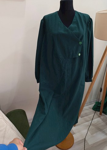 V Yaka Düğmeli Vintage Uzun Elbise - Görsel 3