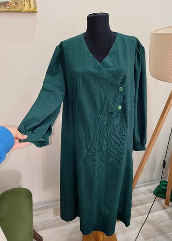 V Yaka Düğmeli Vintage Uzun Elbise - Görsel 13