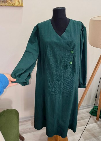 V Yaka Düğmeli Vintage Uzun Elbise - Görsel 9