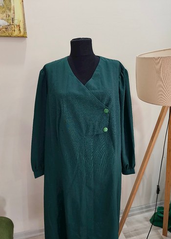 V Yaka Düğmeli Vintage Uzun Elbise - Görsel 8