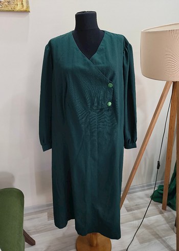 V Yaka Düğmeli Vintage Uzun Elbise - Görsel 5