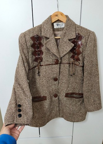 Düğmeli Kahverengi Bohem Kadın Blazer - Görsel 17