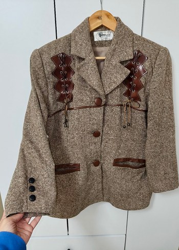 Düğmeli Kahverengi Bohem Kadın Blazer - Görsel 4