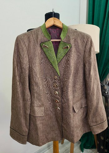 Düğmeli Kahverengi Keten Vintage bavyera Blazer - Görsel 14