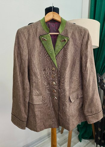 Düğmeli Kahverengi Keten Vintage bavyera Blazer - Görsel 13