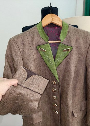 Düğmeli Kahverengi Keten Vintage bavyera Blazer - Görsel 11