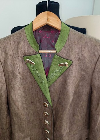 Düğmeli Kahverengi Keten Vintage bavyera Blazer - Görsel 8