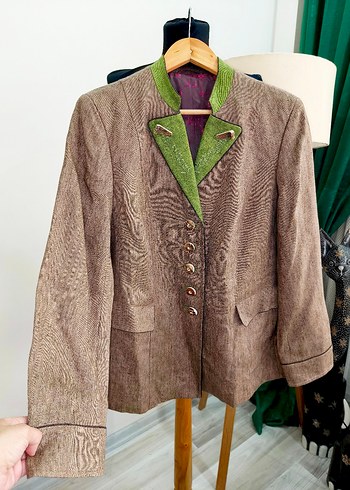 Düğmeli Kahverengi Keten Vintage bavyera Blazer - Görsel 2