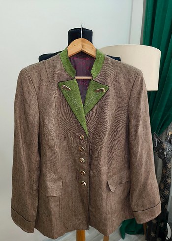 Düğmeli Kahverengi Keten Vintage bavyera Blazer - Görsel 9