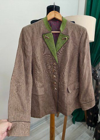 Düğmeli Kahverengi Keten Vintage bavyera Blazer - Görsel 10