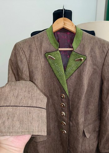 Düğmeli Kahverengi Keten Vintage bavyera Blazer - Görsel 4