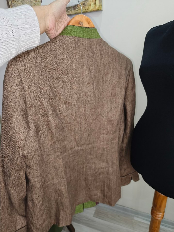 Düğmeli Kahverengi Keten Vintage bavyera Blazer - Görsel 3