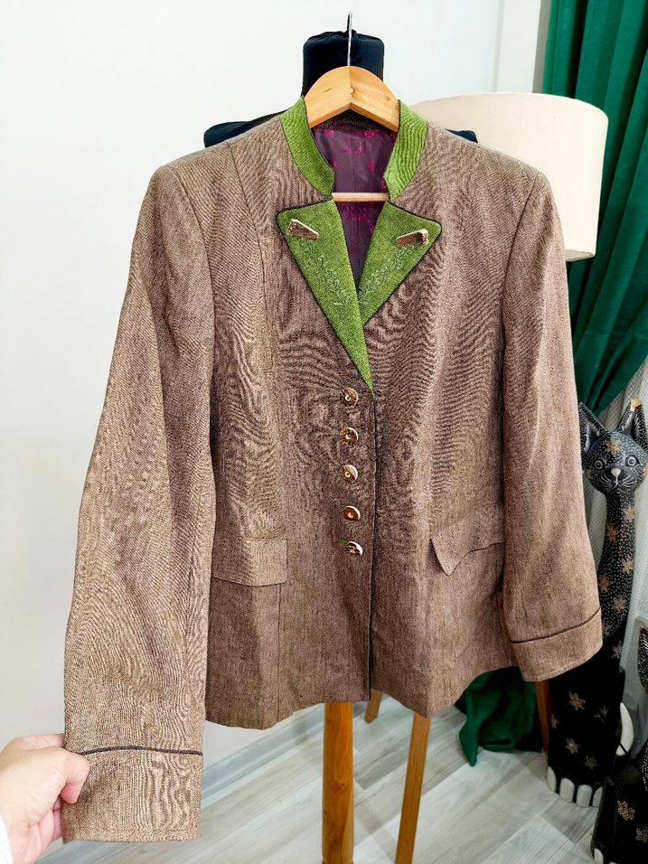 Düğmeli Kahverengi Keten Vintage bavyera Blazer - Görsel 2