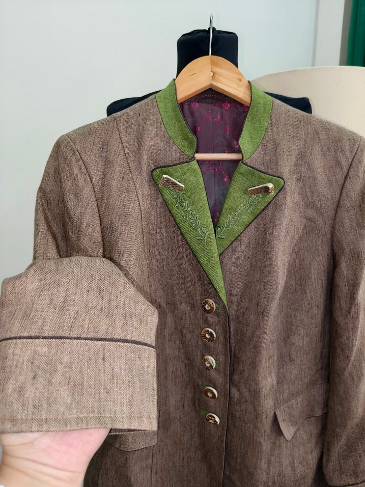 Düğmeli Kahverengi Keten Vintage bavyera Blazer - Görsel 4