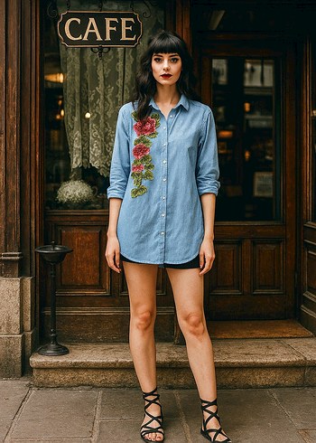 Nakışlı Düğmeli Mavi Denim Gömlek