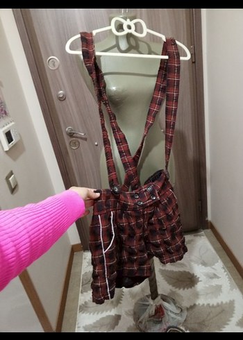 Kırmızı Ekose Mini Kısa Tulum - Görsel 9